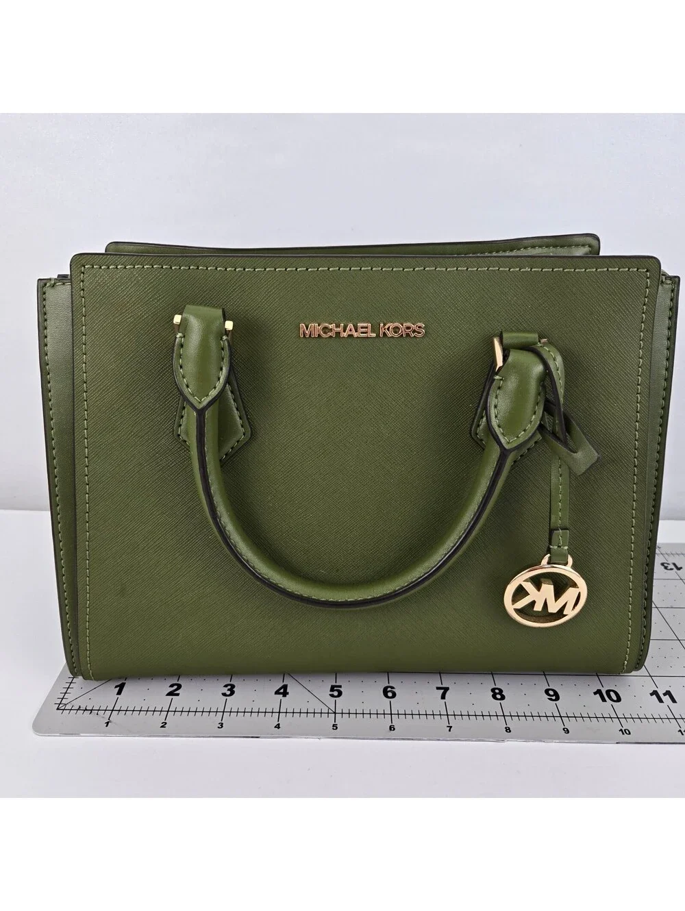 Michael Kors Olive Green Saffiano Leather Satchel Handbag with Detachable Strap